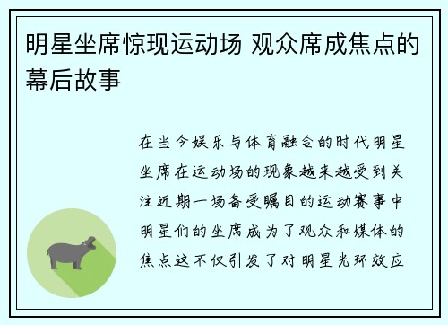 明星坐席惊现运动场 观众席成焦点的幕后故事