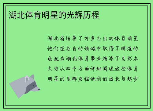 湖北体育明星的光辉历程