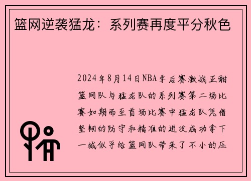 篮网逆袭猛龙：系列赛再度平分秋色